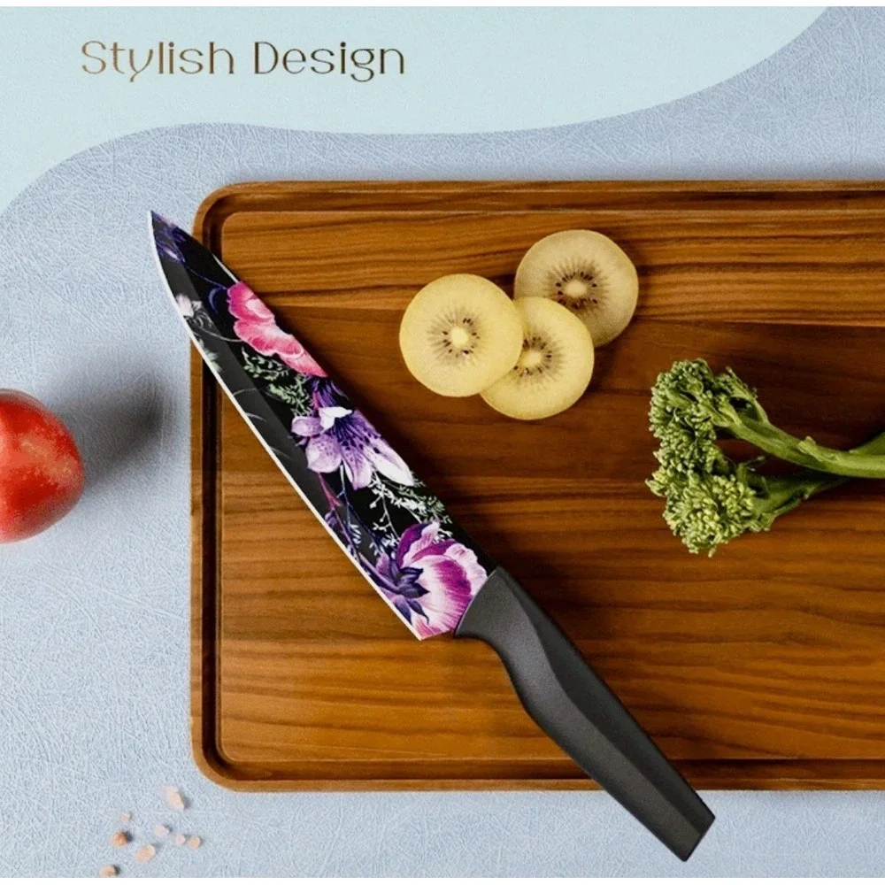 Astercook Knife Set 6 Piece Flower Kitchen Stainless Steel 6 Blade Guards Black